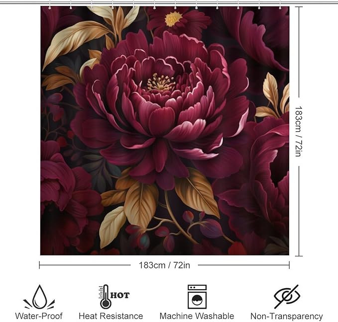 4 Pcs Shower Curtain Sets Bathroom Decor Set with Non-Slip Rugs Toilet Lid Cover and Bath Mat Elegant Burgundy Floral Durable and Waterproof Watercolor Boho Burgundy for Bathroom Decor Set