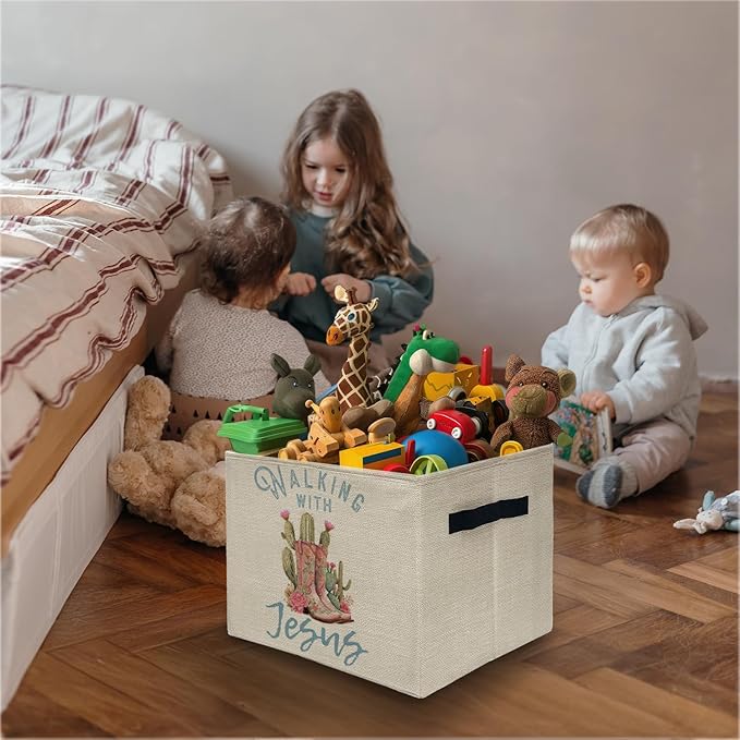 Christian Western Cowgirl Boots Nursery Storage Bins,Western Gifts for Girls,Religious Bible Verse Collapsible Storage Baskets Organizer Decor for Bedroom Bathroom Kids Room Dorm Clothes Books