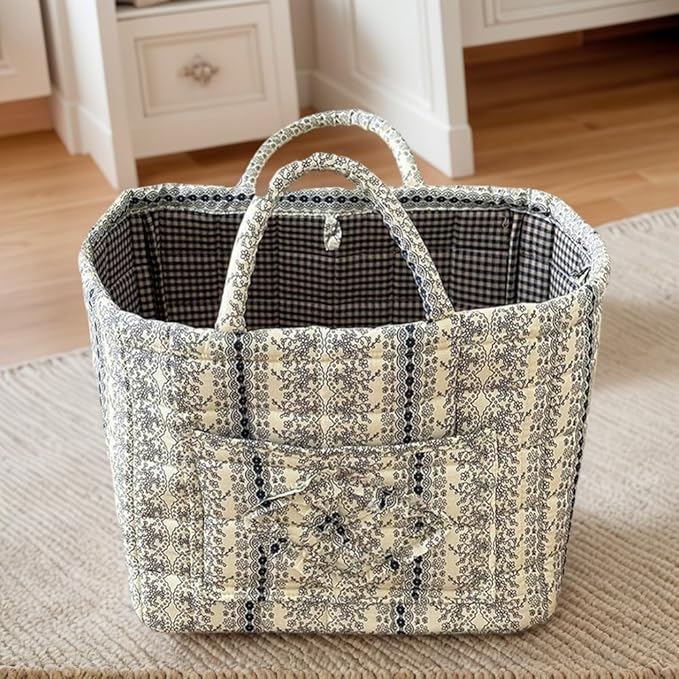 JQWYGB Foldable Laundry Basket Boho Bear Storage Basket Floral Quilted Fabric Car Storage Basket Handles Large Laundry Baskets for Clothes and Dolls