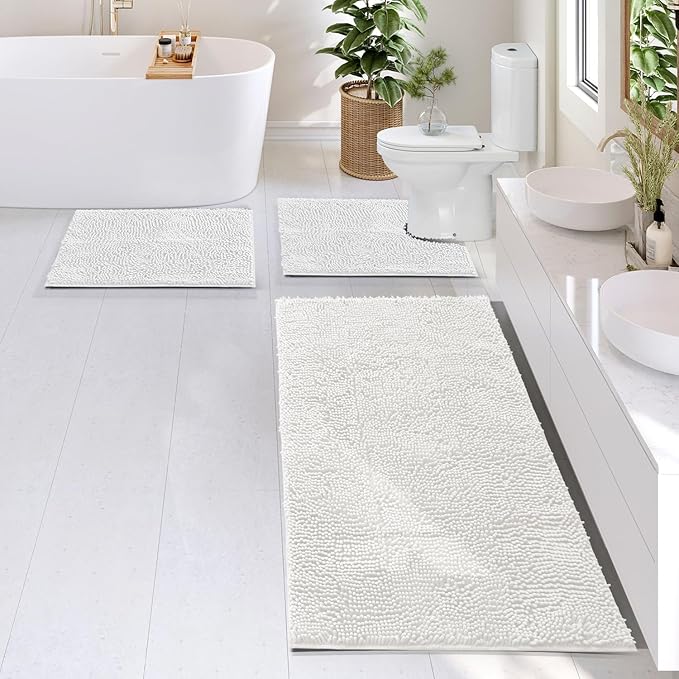 Hearth & Harbor Bathroom Rugs, Chenille Bath Mat - Machine Washable Bath Mats for Bathroom Non-Slip Backing Rubber, Quick Dry Mat - White Bath Rug, 17x24-26x44-20x24