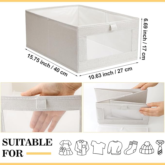 Kigley 8 Pcs Linen Closet Organizers and Storage Foldable Clothing Bins Large Foldable Box with Window Storage Baskets for Closet Shelf Clothes Jeans Toys Organization, Beige