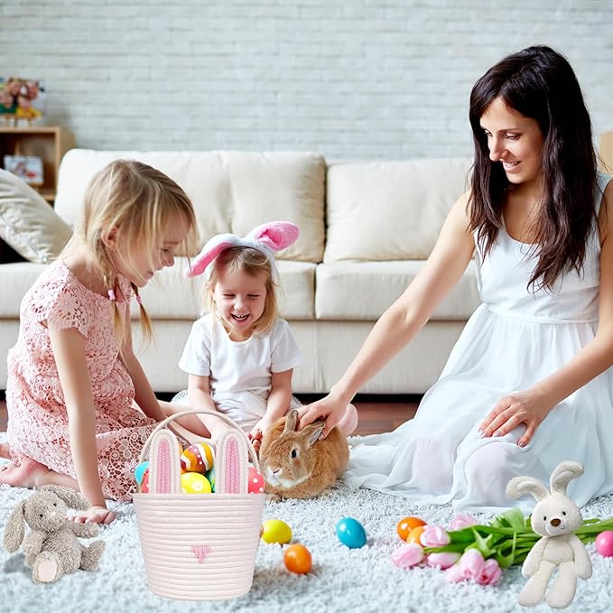 Easter Basket for kids Empty Bunny Egg Baskets With Handle And Ears Easter Gifts Cute Woven Basket (pink)