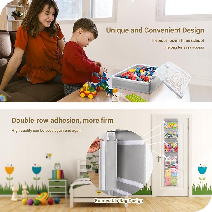 Over Door Organizer and Storage, Hanging Toy Holder with 4 Clear Removable Pouches, Toddler Room Wall Stuffed Animal Bag Case, Kids Playroom Closet Organization for Building Block, Puzzle