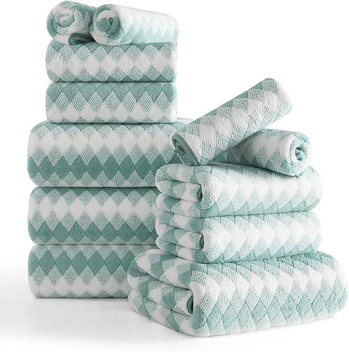 12 Pcs Turquoise Diamond Towel Set-4 Bath Towels,4 Hand Towels,4 Washcloths Soft Polyester Towels with Loop Absorbent Shower Towel Quick Dry Beach Chair Towel Family Towels for Bathroom Spa Gym Pool
