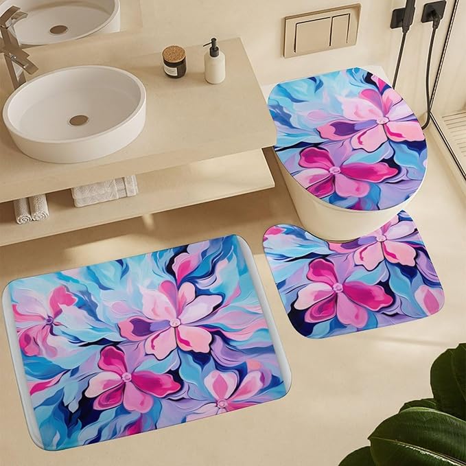 4 Piece Shower Curtain Sets Colorful Modern Floral Abstract Art Pink Blue with Non-Slip Rugs Toilet Lid Cover and Bath Mat Bathroom Decor Set Modern Abstract Art Painting 12 Hooks for Bathroom Decor