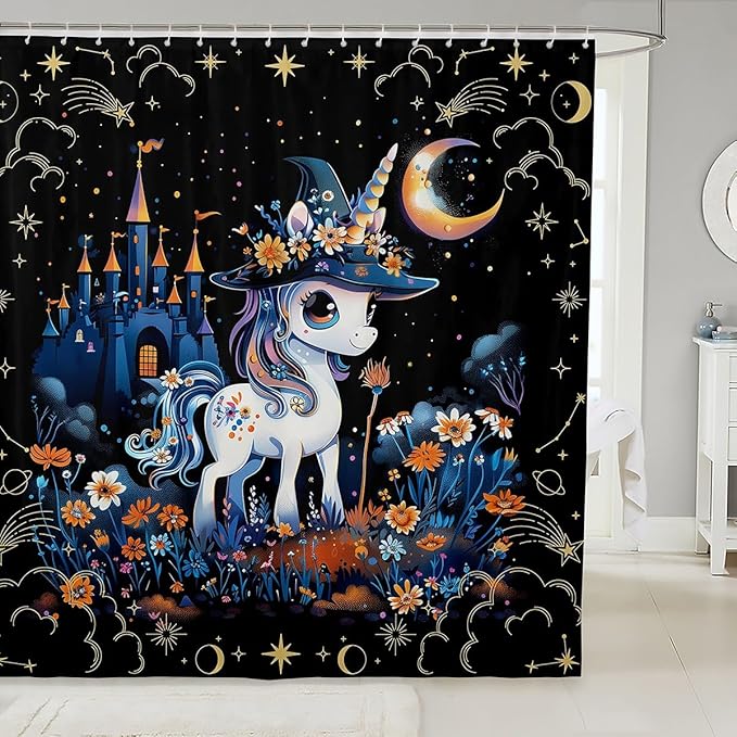 Halloween Unicorn Fabric Shower Curtain,Mysterious Castle Flower Starry Sky Shower Curtain for Bathroom,Cartoon Animals Waterproof Shower Curtain,72 Inch Long