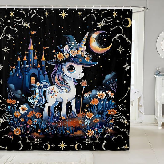 Halloween Unicorn Fabric Shower Curtain,Mysterious Castle Flower Starry Sky Shower Curtain for Bathroom,Cartoon Animals Waterproof Shower Curtain,72 Inch Long