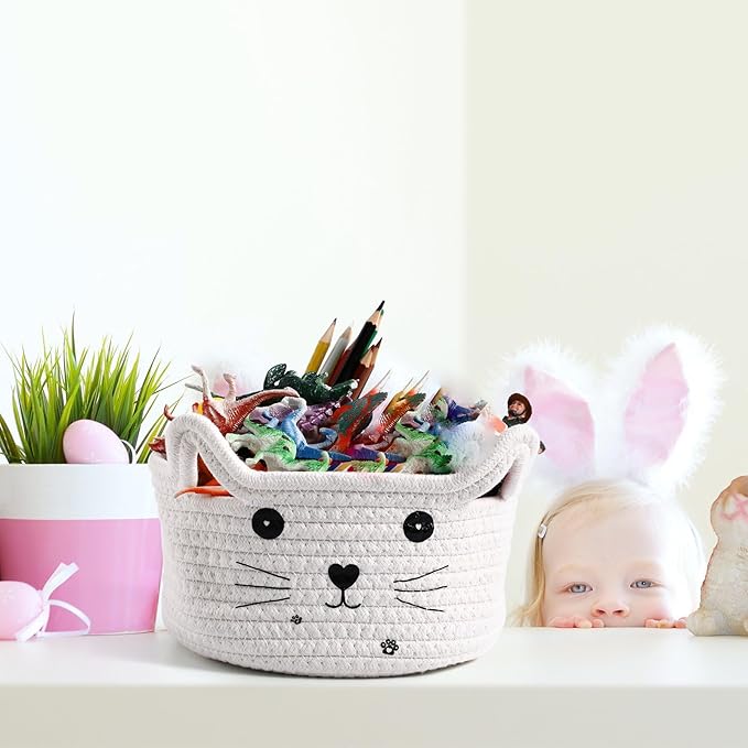 Zopeal Cat Basket Storage Woven Organizer with Ears Christmas Decorative Pet Toy Cute Cotton Rope Basket for Gift Cat Dog Toy Bin Nursery Room(8.3 x 4.7 Inch,White)