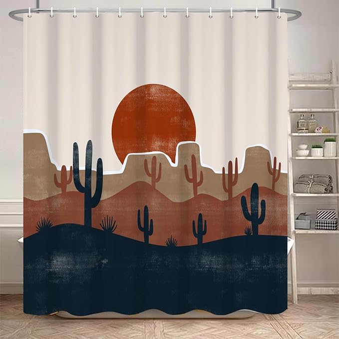 Abstract Mid Century Bohemian Bathroom Shower Curtain - Desert Cactus Red Sun Shower Curtain with Hooks - Waterproof Polyester Fabric - 72x72 Inch