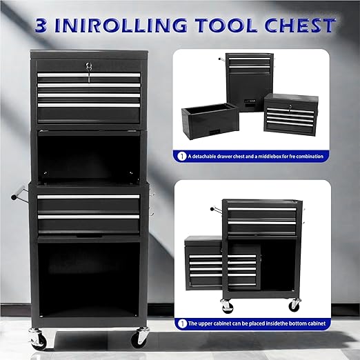 Rolling Tool Chest, Garage Tool Box, 6-Drawer and 2 Cabinets Lockable Tool Cabinet, 2 in 1 Detachable Tool Box Storage Organizer Suitable for Workshops, Warehouses, Repair Shops, Black