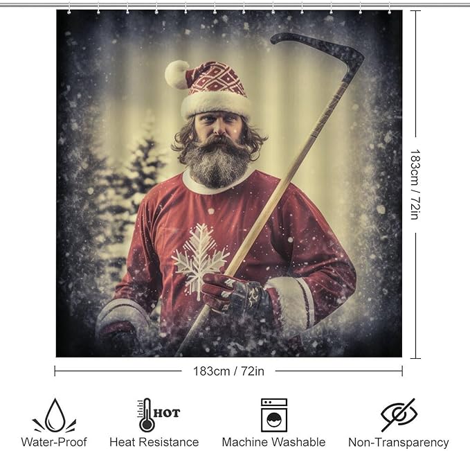 4 Pcs Shower Curtain Set Santa Claus Playing Hockey Ice Skate Sport Bathroom Shower Curtain Set with Rugs Ice Sports Games Shower Curtain with 12 Hooks for Bathroom Decor 72inch X 72inch
