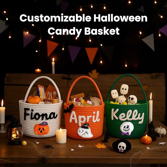 Personalized Halloween Trick or Treat Basket with Name – Custom Woven Candy Bag, Pumpkin or Ghost Bucket for Kids, Boys & Girls