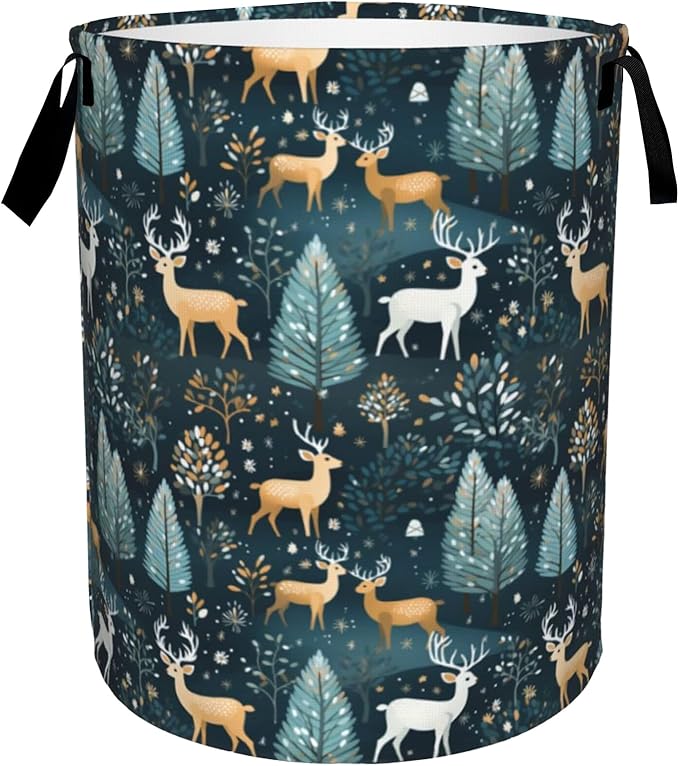 Christmas Deer Laundry Basket,Forest Trees Foldable Laundry Hamper Waterproof Oxford Cloth Tote Bag,Clothes Storage Bucket Decorative Toy Organizer For Bathroom Bedroom 16" x 20"