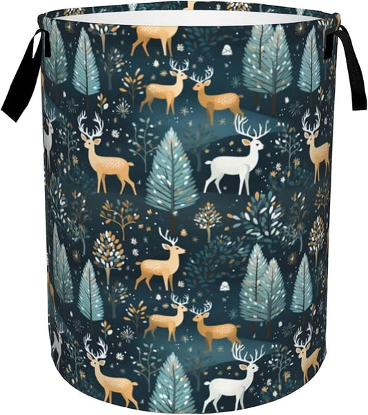 Christmas Deer Laundry Basket,Forest Trees Foldable Laundry Hamper Waterproof Oxford Cloth Tote Bag,Clothes Storage Bucket Decorative Toy Organizer For Bathroom Bedroom 16" x 20"