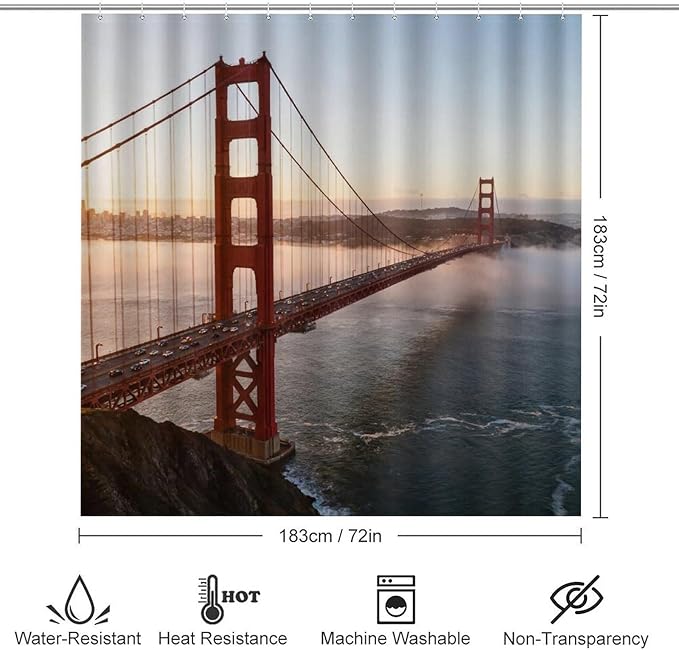 4 Piece Bathroom Rug Set with Shower Curtain, Non-Slip Bath Mat Toilet Cover Set, Golden Gate Bridge Bathroom Rug Sets