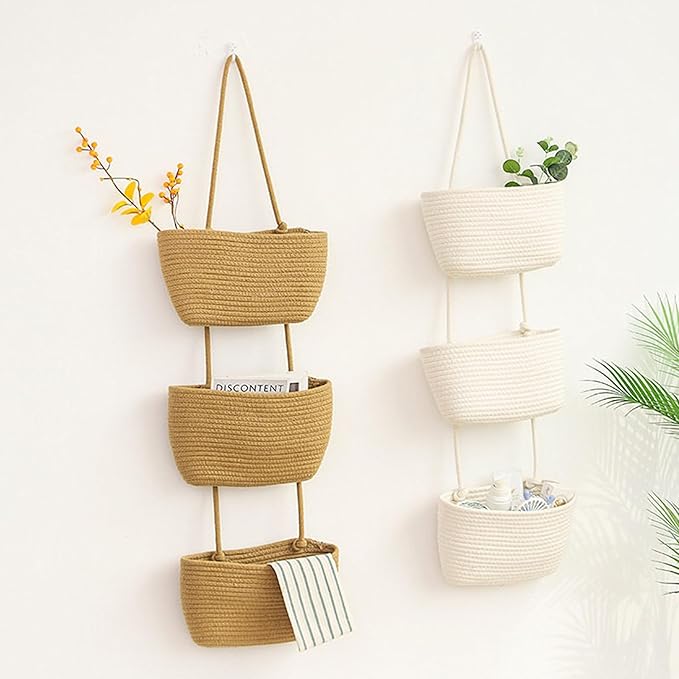 AARAINBOW Wall Hanging Cotton Baskets, Large 3 Tier Decorative Basket for Wall, Nursery, Bathroom, Boho Organizing (B-White)