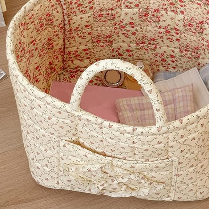 JQWYGB Foldable Laundry Basket Boho Bear Storage Basket Floral Quilted Fabric Car Storage Basket Handles Large Laundry Baskets for Clothes and Dolls