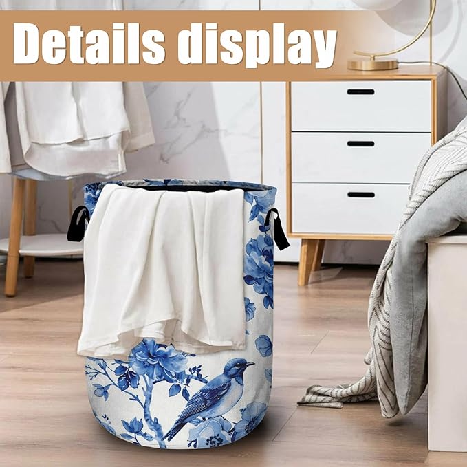 Blue Flower Bird Laundry Basket, Foldable Waterproof Laundry Hamper Tote Bag Dirty Clothes Storage Bucket Toy Organizer for Bathroom/Laundry/Bedroom 15.7"x19.6"