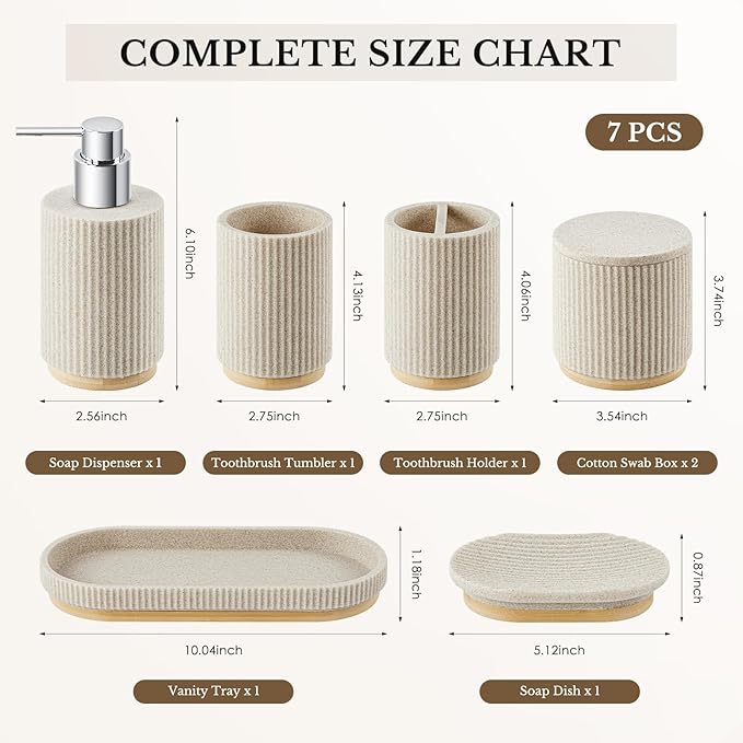 7PCS Bathroom Accessories Set, with Soap Dispenser, Q-tip Holder, Toothbrush Holder, Tumbler, Soap Dish, Vanity Tray, Bathroom Set Complete Organizer Countertop for Modern Decor, Beige