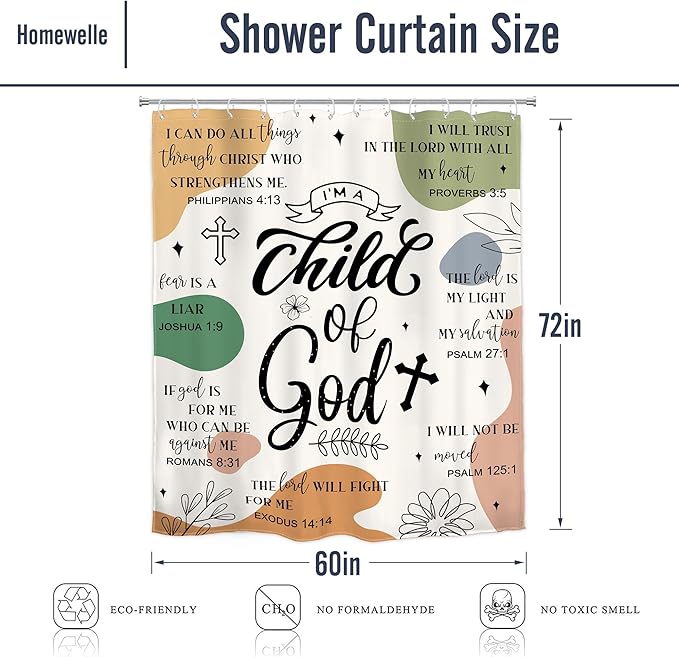 Homewelle Christian Bible Verse Shower Curtain Kids Teens Abstract Boho Mid Century Inspirational Quotes Minimalist Geometric Scripture 60Wx72H Inch Waterproof Polyester Fabric Bathroom Bathtub