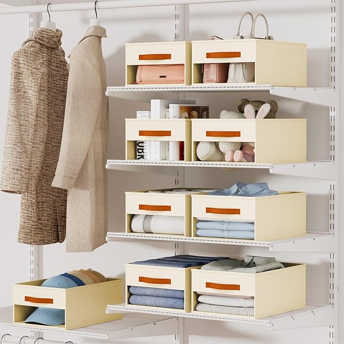 Closet Organizers and Storage - 8 Pack Storage Bins Baskets for Organization Foldable Closet Organizer with Clear Window & Handles for Clothes, Toys, Towels, Small Essentials (Beige)