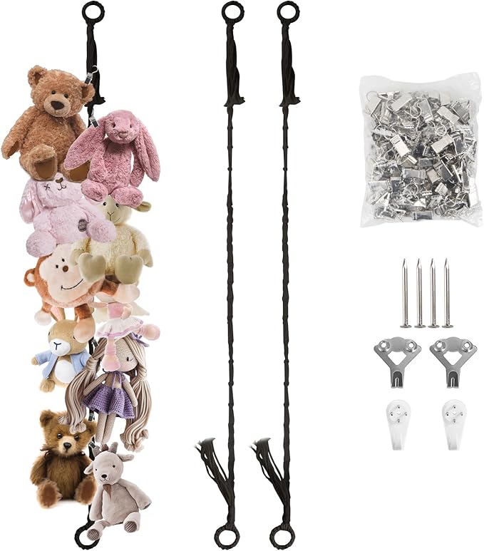 Munzong 2 Pack Black Hanging Stuffed Animal Storage Chain, 80 Inch Cotton Stuffed Animal Display Holder with 40 Metal Clips for Room Corner Wall Decor Play Room