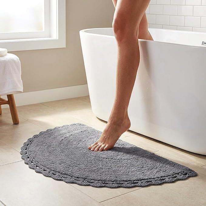 Half Moon Circle Bohemian Bathroom Rug with Handwoven Chrochet Border, Beautifully Handcrafted 100% Cotton Mat - 22x42", Round Boho Bedroom Rug, Boho Bathroom Décor, Machine Washable - Charcoal Grey