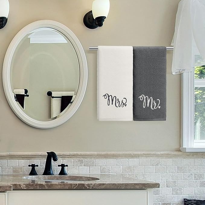 2 Pcs Mr. and Mrs. Hand Towels 100% Cotton Embroidered Bathroom Towel Gift for Valentine's Day Couple Wedding Engagement Anniversary Bathroom Decor 29 x 13 Inch