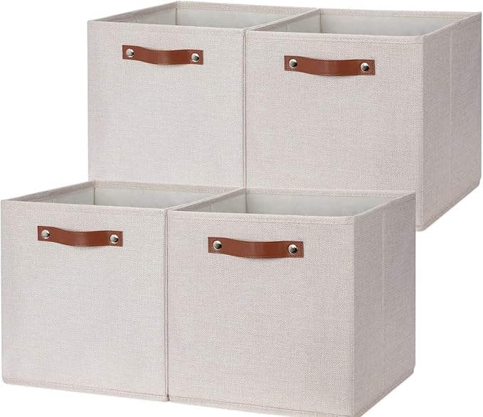 HNZIGE 12 Inches Storage Bins for Organizing,4PCS Fabric Bins Closet Cubes Storage Baskets for Shelves with Leather Handles(Gream)