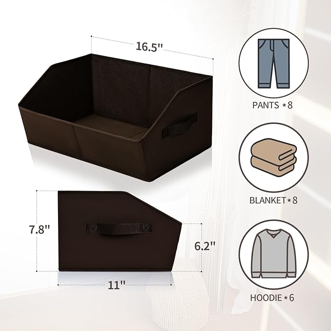 Closet Baskets for Shelves Trapezoid - Decorative Storage Baskets with Handle, Closet Bins for Organization, Shelf Storage Bins for Clothes, Books, Home, Office, 8 Pack, Brown