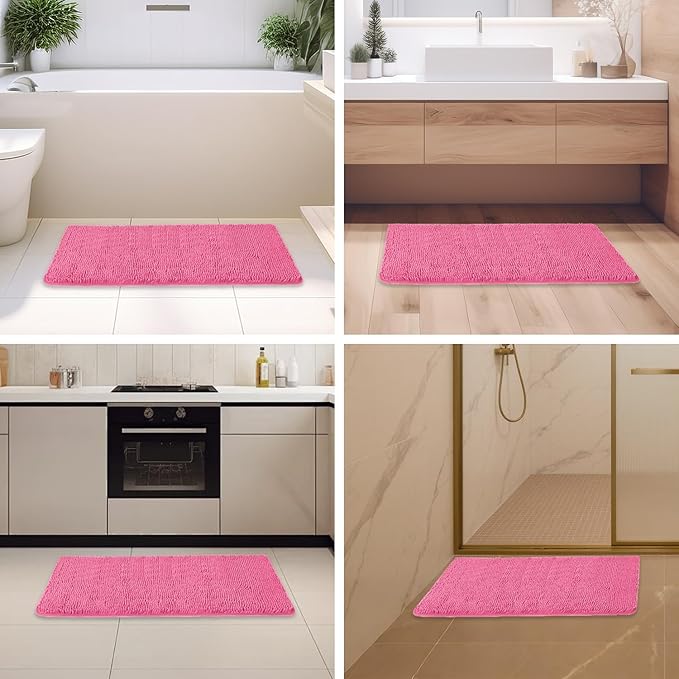 Hot Pink Bathroom Rugs – Absorbent and Washable Bath Mat, Non-Slip, Thick Soft Chenille Bath Rugs for Bathroom Floor, Shower, Sink - 24" x 36"