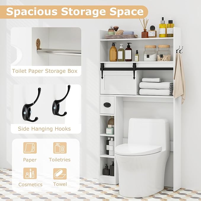 Giantex Over The Toilet Storage Cabinet, Farmhouse Space Saver with Sliding Door, Toilet Paper Holder, Side Hooks & Adjustable Shelves, Over Toilet Bathroom Organizer for Laundry, Restroom (White)