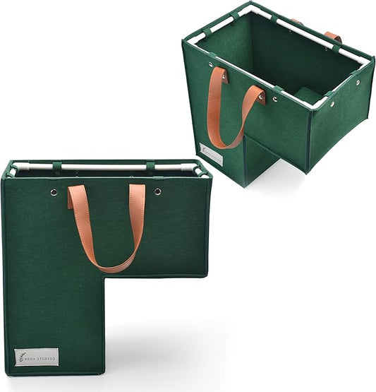 Stair Basket for Wooden and Carpeted Stairs with Durable Internal Support Frame - Foldable Stair Basket with Leather Handles, Versatile Laundry Organizer for Stairs (16”L x 10”W x 16”H)