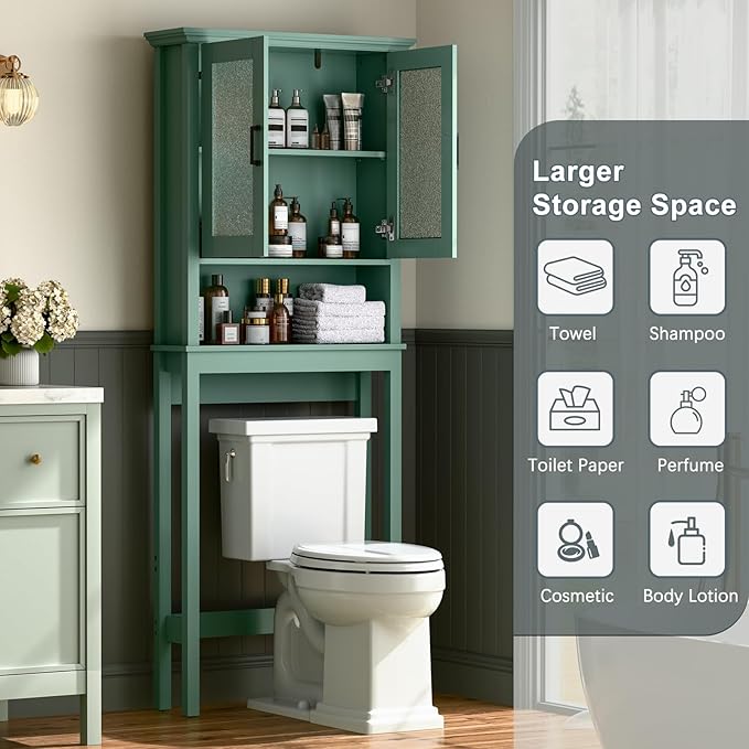 Over The Toilet Storage Cabinet, Over Toilet Bathroom Organizer with Glass Doors and Adjustable Shelf, Thicken Frame Above Toilet Storage Cabinet Behind Toilet Bathroom Organizer, Halcyon Green