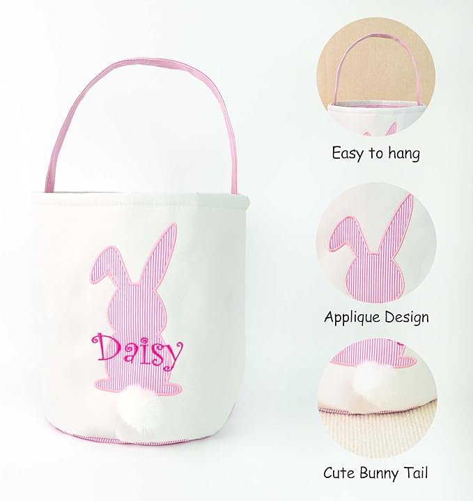 MT WORLD Toddler Easter Bunny Basket Personalized Easter Egg Bucket for Kids with Name Canvas Rabbit Bucket Tote for Baby Boys Girls Easter Egg Hunts Decorations Candy Gifts Storage (Pink Bunny)