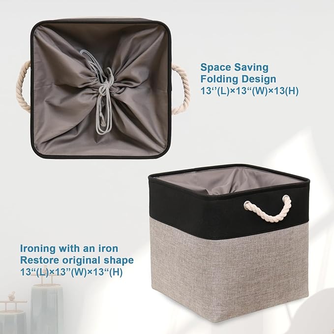 HOdo Home Fabric Storage Bin with Drawstring Closure and 2 Bold Handles, Collapsible Large Canvas Storage Baskets for Organizing Shelf Nursery Home Closet (Grey&Black, 13L×13W×13H - 3Pack)