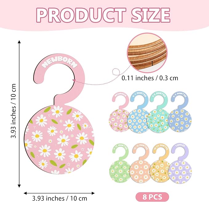 Baby Clothes Dividers for Closet - Set of 8 Wooden Baby Size Closet Dividers Newborn to 24 Months, Newborn Organizer for Girls, Daisy Floral Baby Nursery Decor Kit Newborns Gift Baby Shower