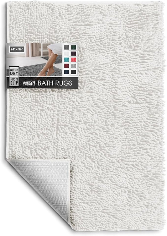 Hearth & Harbor Bathroom Rugs, Chenille Bath Mat - Machine Washable Bath Mats for Bathroom Non-Slip Backing Rubber, Quick Dry Bathroom Mat - White 24x36