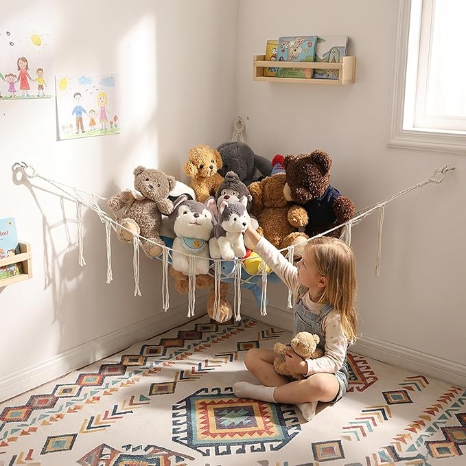 Stuffed Animals Hammock Corner Hanging Net Macrame Stuffed Animal Storage Plush Toy Holder Toy Organizer for Boho Nursery Playroom Bedroom Kids Room (cream, Large)