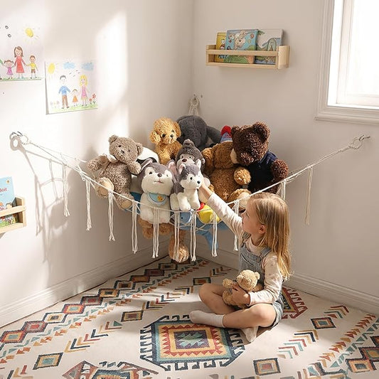 Stuffed Animals Hammock Corner Hanging Net Macrame Stuffed Animal Storage Plush Toy Holder Toy Organizer for Boho Nursery Playroom Bedroom Kids Room (cream, Large)