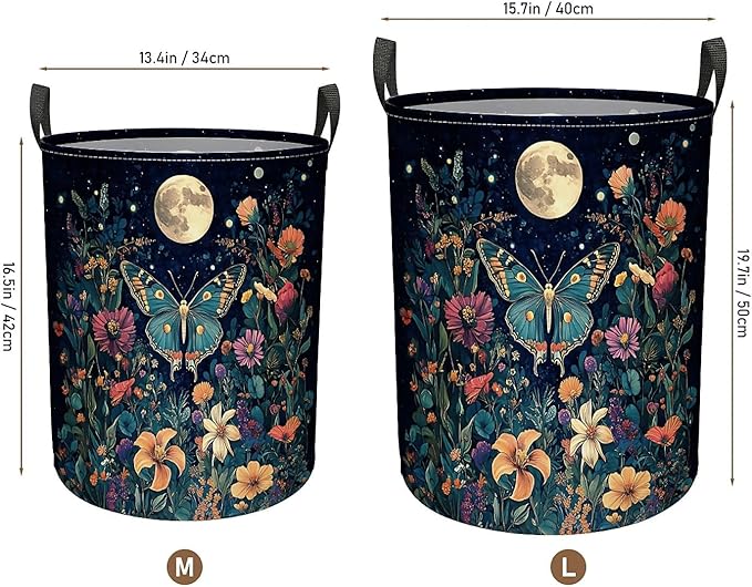 Butterfly Garden Laundry Basket for Women, Large Canvas Collapsible Organizer Storage Basket for Nursery,Office,Toy Organizer,Home,Decor - 19.7" X 15.7 "