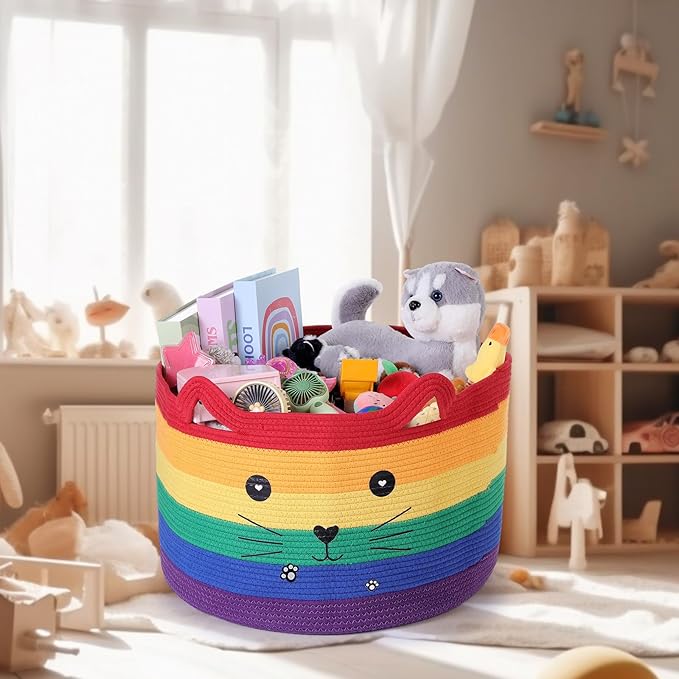 Zopeal Cat Basket Storage Woven Organizer with Ears Christmas Decorative Pet Toy Cute Cotton Rope Basket for Gift Cat Dog Toy Bin Nursery Room(21.7 x 13.8 Inch,Rainbow)