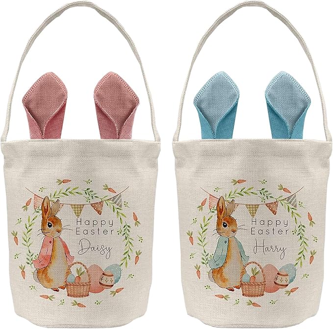 Personalized Canvas Bunny Ear Basket with Custom Name | Easter Gift for Kids | Easter Basket Stuffer (Yellow)