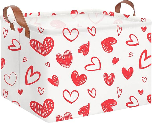 Rectangle Pink Valentine Gift Basket Empty with Handles,Cute Organizer Toy Bin,Gift Basket for Girl(Pink Line Love)