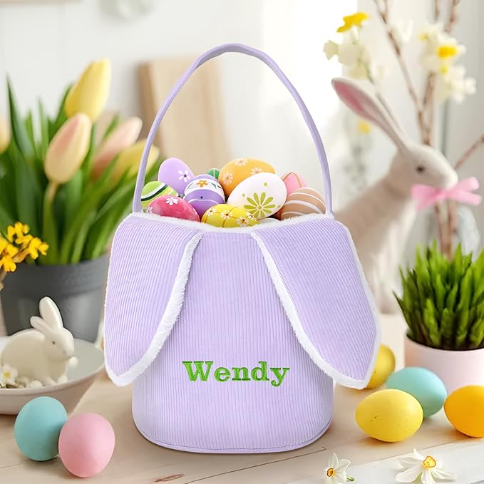 Easter Basket, Touber Easter Bunny Basket, Personalized Easter Baskets for Kids, Easter Gifts Basket for Girls Baby Children - Bunny Ear Purple
