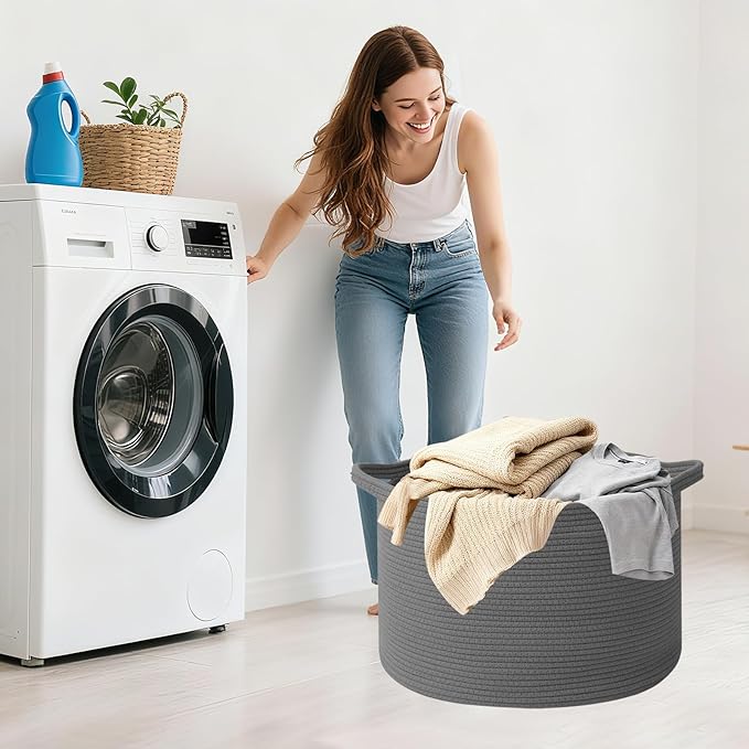65L Large Blanket Basket,19.7" L x 19.7" W x 13" H Rope Woven Baskets with Handles, Toys Storage Bins,Laundry Basket Perfect for Living Room, Nursery,Bedroom,Home Organization,Dark Gry