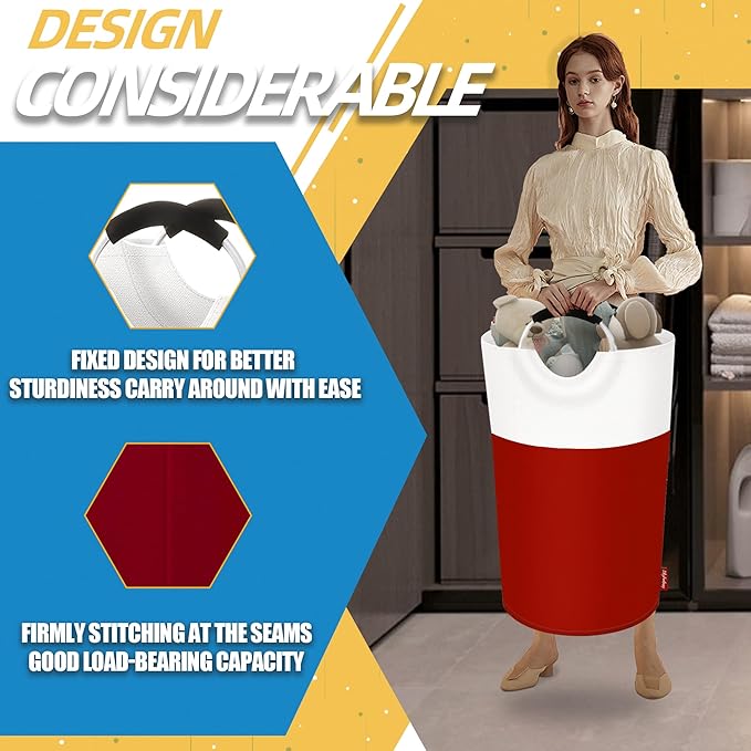 125L Laundry Basket, Collapsible Laundry Hamper with Padded Handles, Waterproof Laundry Bag, Tall Clothes Hamper Stand Up Well, Foldable Laundry Baskets for Easy Storage(Red)
