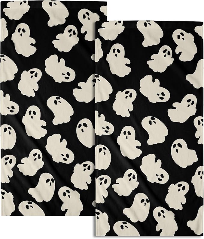Halloween Ghost Hand Towels Pack of 2 White Spooky Ghost Black Face Towel 28.3x14.4 Inch Happy Halloween Holiday Decorative Super Soft Kitchen Towels for Bathroom Home Hotel Gym