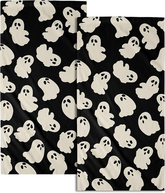 Halloween Ghost Hand Towels Pack of 2 White Spooky Ghost Black Face Towel 28.3x14.4 Inch Happy Halloween Holiday Decorative Super Soft Kitchen Towels for Bathroom Home Hotel Gym