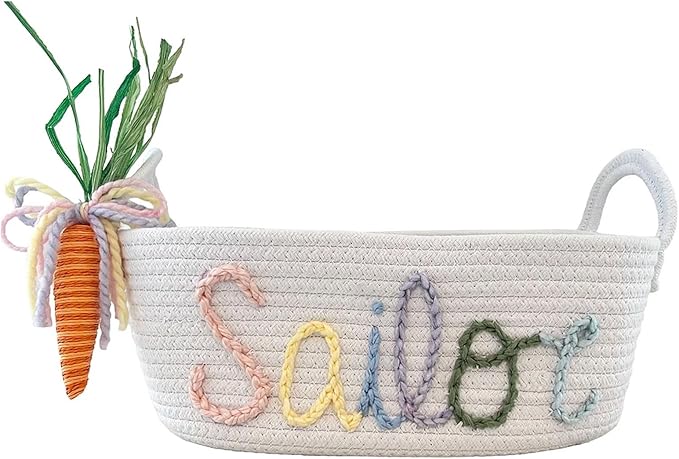 Personalized Rope Cotton Easter Basket Adorable Carrot Decorations Long Handle or Tie Handle Customizable with Child's Name (Style 2-Tie Handle)